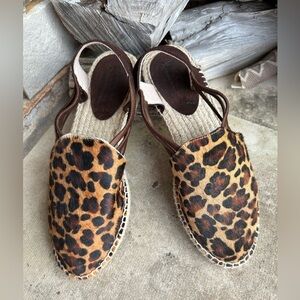 PICON Leopard pony hair closed toe sandal w/jute wrapped wedge heel Sz-6.5. F